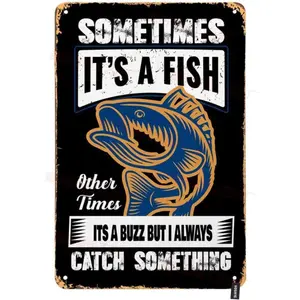 Rustic Fishing Metal Wall Sign with 2D Flat Design, Ideal for Home, Lodge, Cabin, or Outdoor Wall Decoration