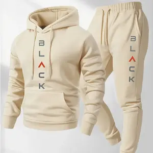 Men's Complete Outfit - Stylish Hooded Sweatshirt & Joggers Set with BLACK Print Gray Casual Streetwear Long Pants Matching Hoodie Perfect for Fall Winter Cozy Clothing Sporty Look Non Stretch Fabric