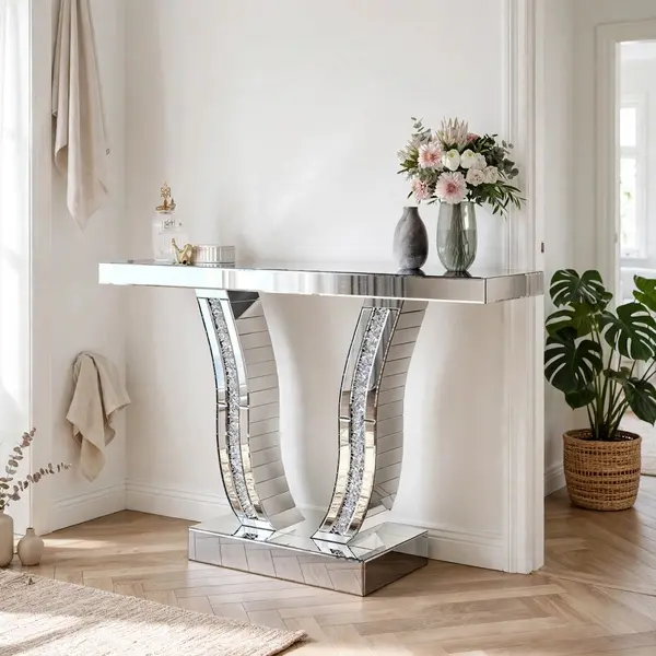 Modern Glam Mirrored Console Table - 43" U-Shape Silver Mirror Table with Crushed Diamond Crystal Inlay for Living Room, Entryway, Foyer