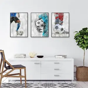 Soccer Wall Art Prints, Decorative Wall Art - Set of 3 Unframed Soccer Posters - Watercolor Soccer Decor for Men, Kids, Teenagers, Man Cave, Boys Bedroom - Triple Canvas Painting