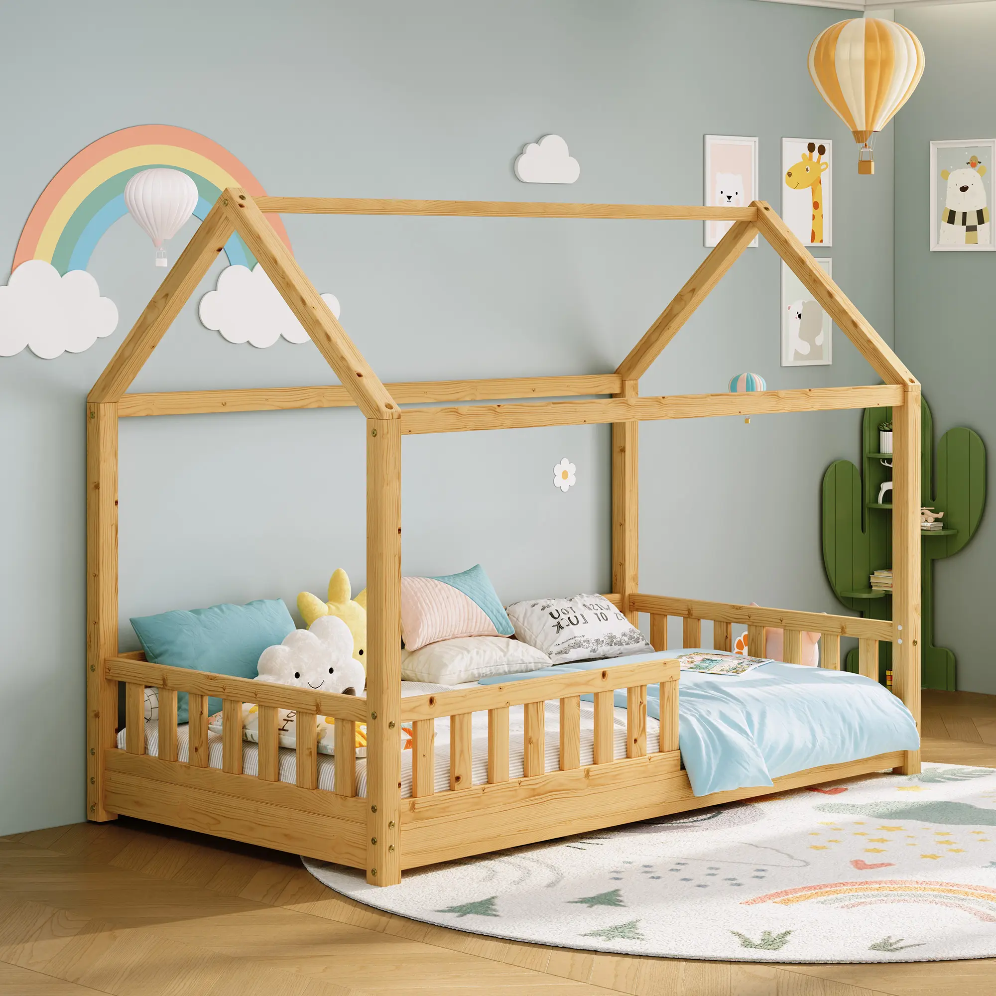 ALBOTT Twin Size House Bed for Kids, Montessori Wooden Floor Bed Frame with Guardrails, Removable Rails, Playhouse Roof, Easy Assembly, Toddler Floor Bed for Boys & Girls[tiktokshopbacktoschool][SohoChic]