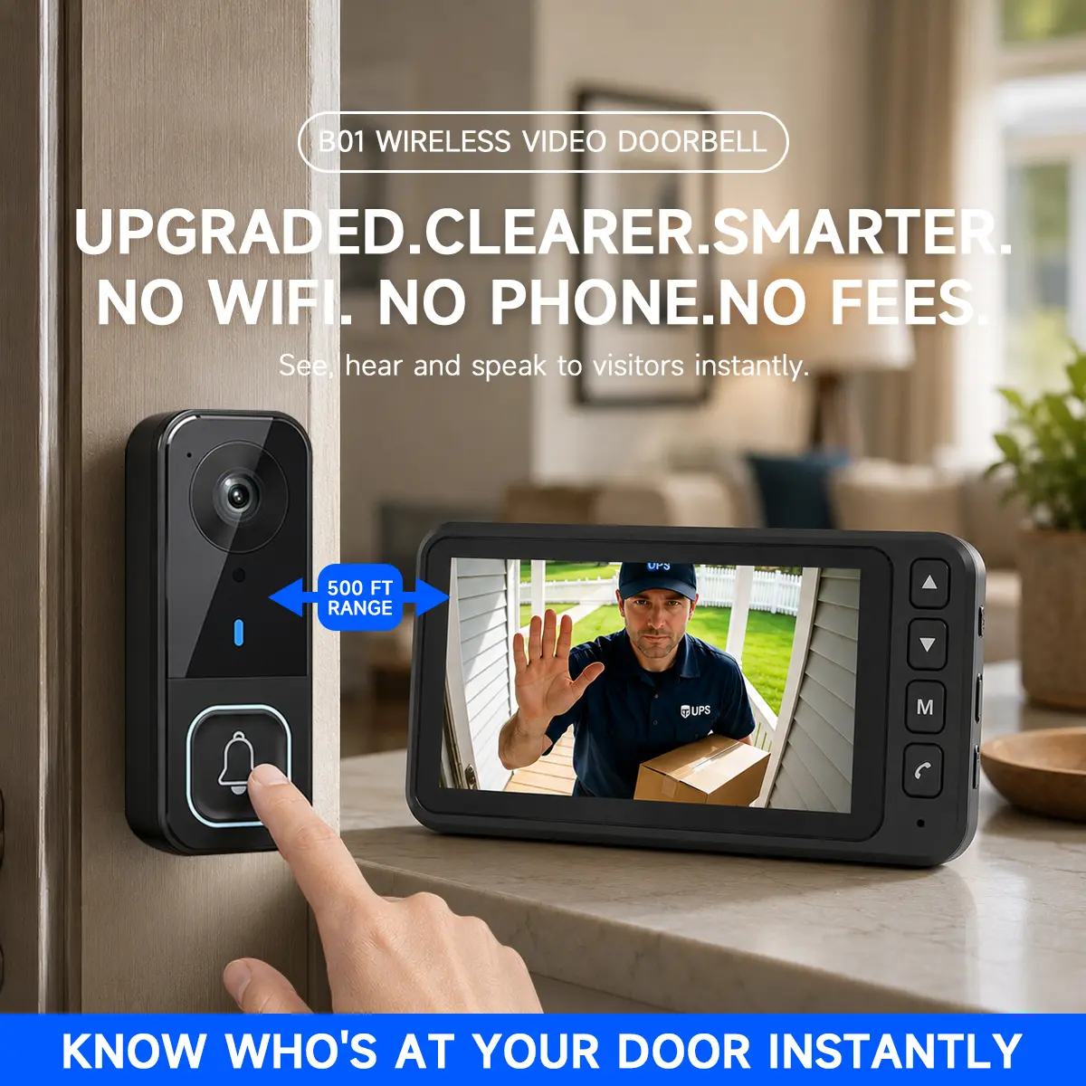 B01 No WiFi Video Doorbell – HD Wide Angle Camera, Instant Viewing Screen, Night Vision & Stable 400ft Connection