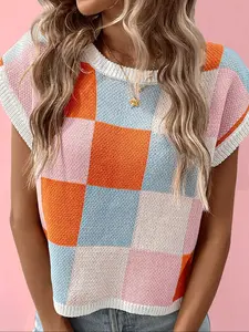 Women's Fashionable Round Neck Sleeveless Knit Vest, Colorblock Plaid Pattern, Versatile Outdoor Wear, All Seasons Casual Clothing, Womenswear, Knitwear