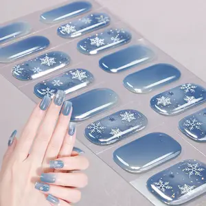 16 tips Semi Cure Gel Nail Strips, Christmas Blue gradient Gel Nail Full Wraps, Long Lasting Self-Adhesive Oval Full Nail Stickers, Glitter Snowflakes design, Glossy, Suitable for Nail Art Home Salon, gift giving, Salon Quality, Decorations Nail