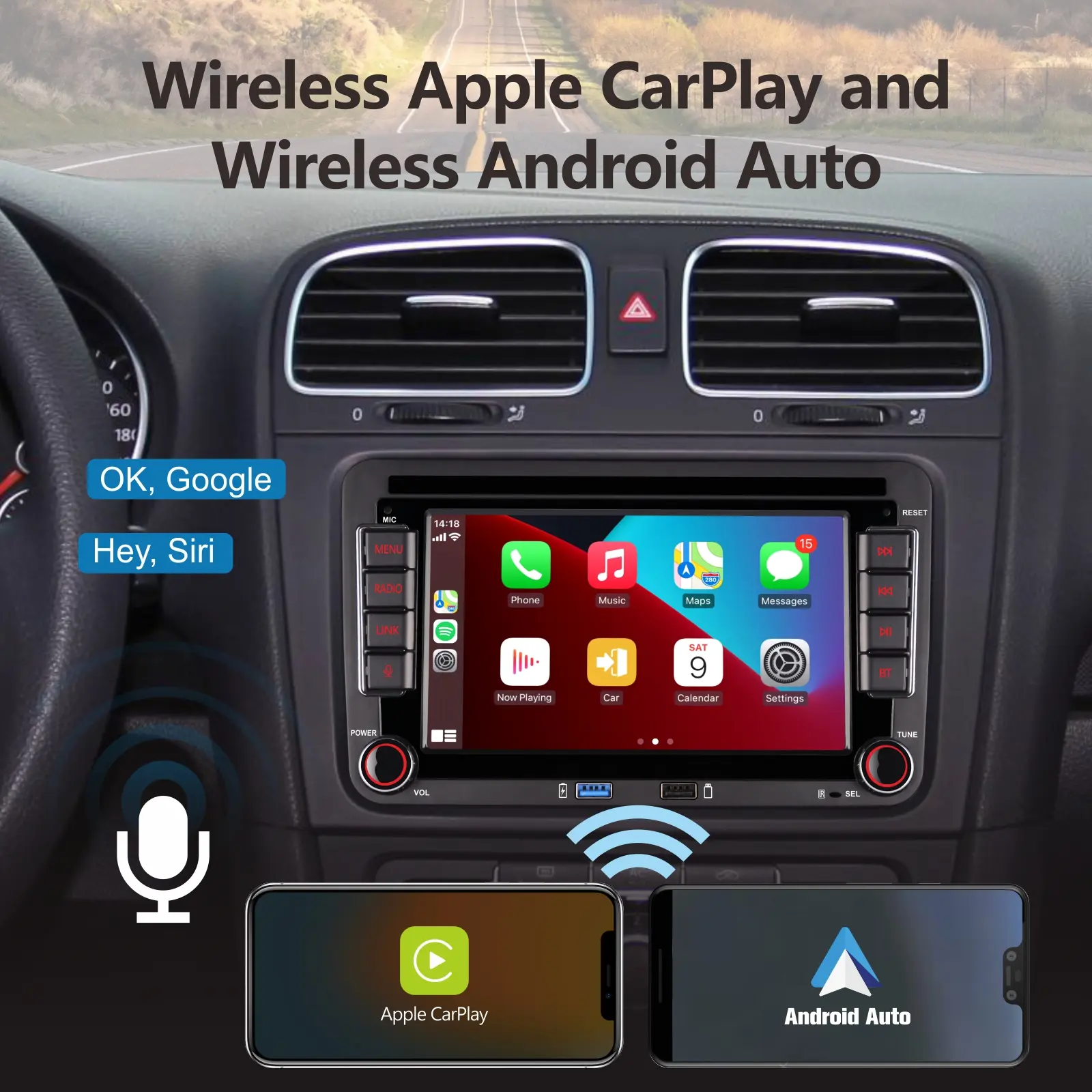 Car Stereo Compatible with Wireless Carplay Android Auto with 7 inch Bluetooth/FM/AM Radio/USB/Car for VW Golf 5 6 Passat Jetta Caddy EOS T5 Tiguan Touran CC Polo wireless android
