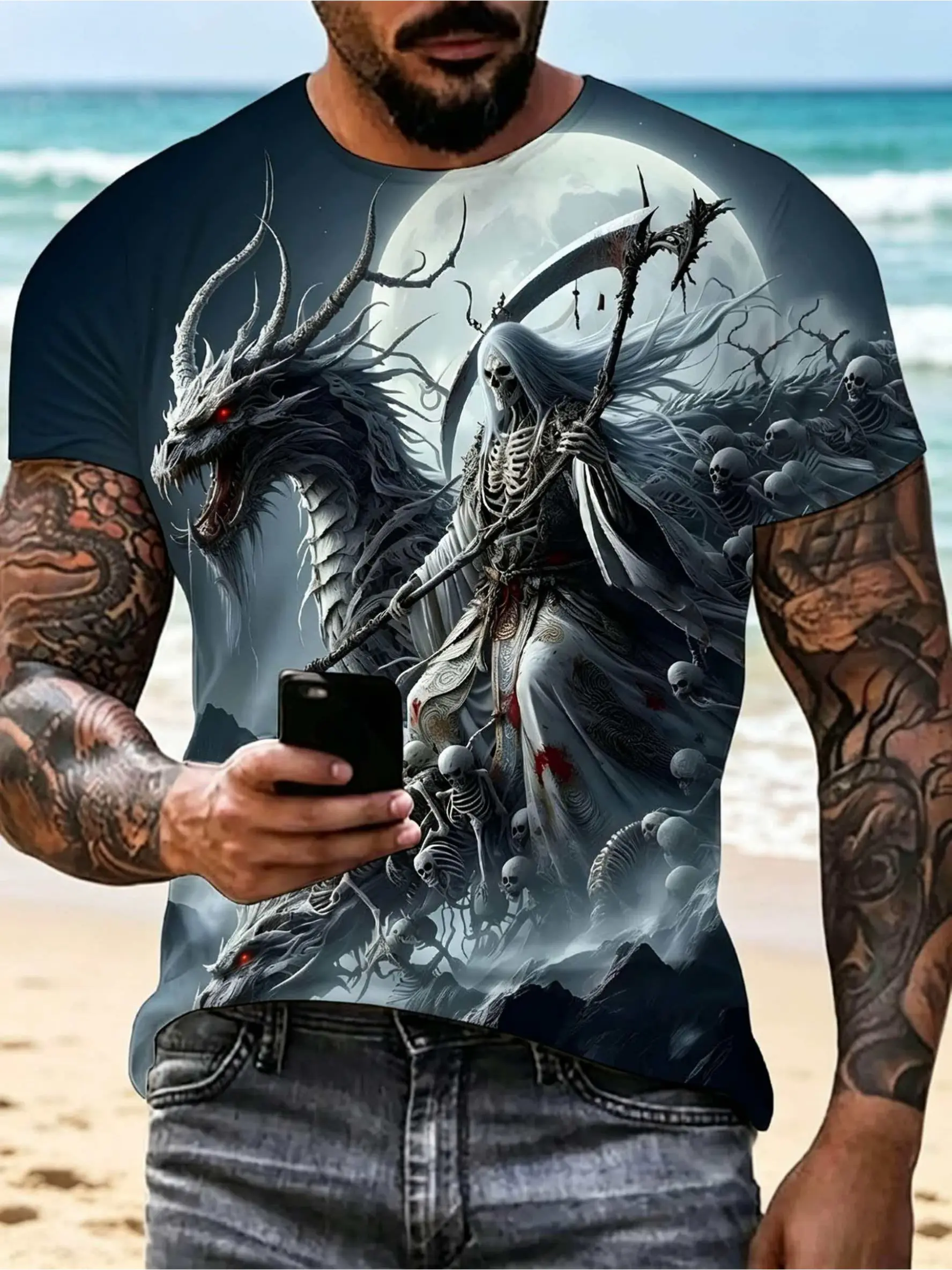 Men's Gothic Skull & Dragon Short-Sleeve Stretch Fabric T-Shirt - Breathable Crew Neck, Elastane Polyester Knit, Machine Washable Regular Fit for Summer, Themed Parties