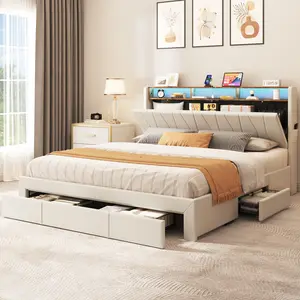 DWVO King Size Bed Frame, Storage Bed Frame w/LED Lighting & 4 Drawers, Upholstered Platform Bed Frame with Charging Station & Storage Headboard, No Box Spring Required, Easy Assembly