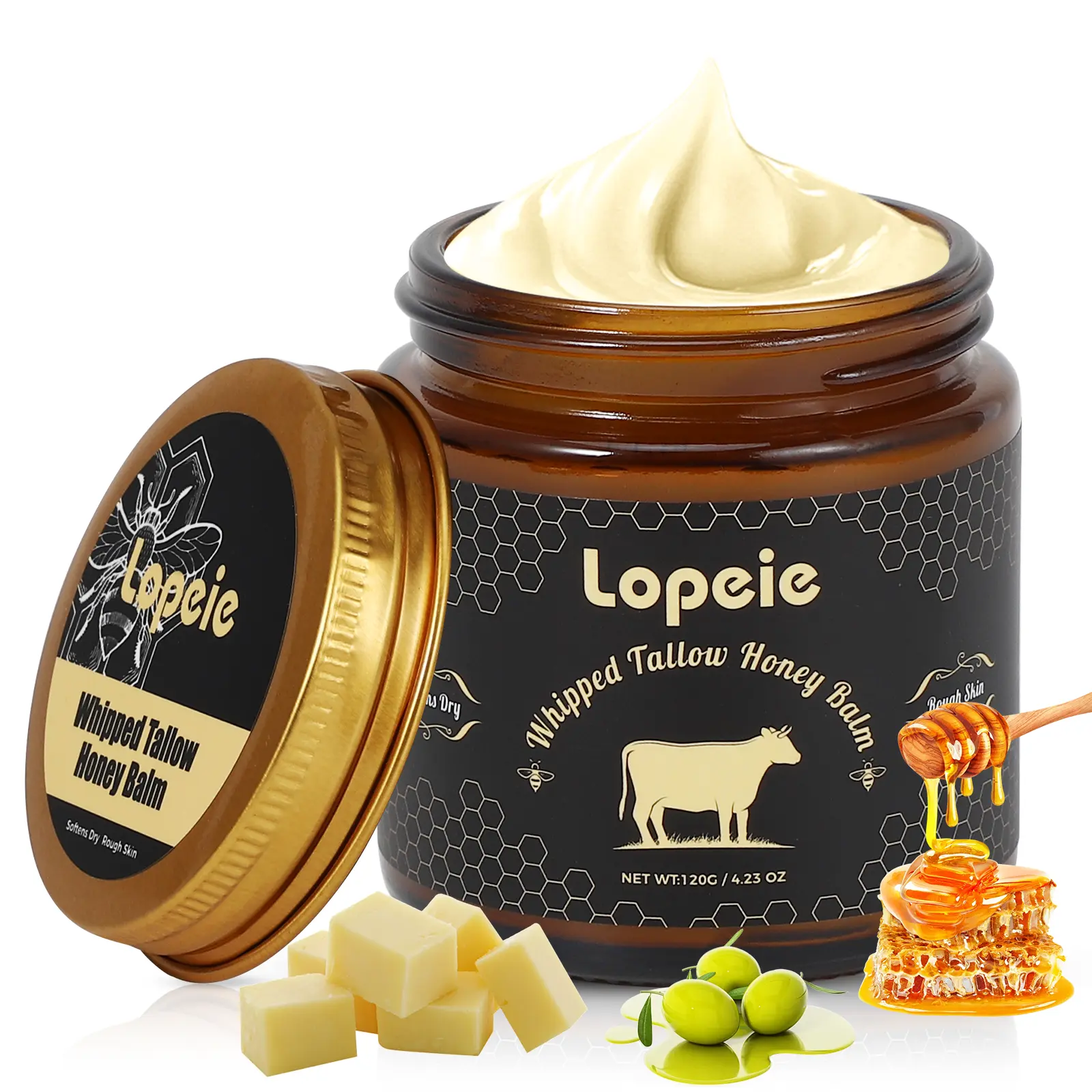 Whipped Grass-Fed Beef Tallow Honey Balm - 4 Oz,Moisturizing Cream for Soft, Smooth Skin - Unscented Handmade All-Natural Moisturizer - Hydrating, comfort, moisture boost cream, luminous firming cream, body care, hydrating dry skin