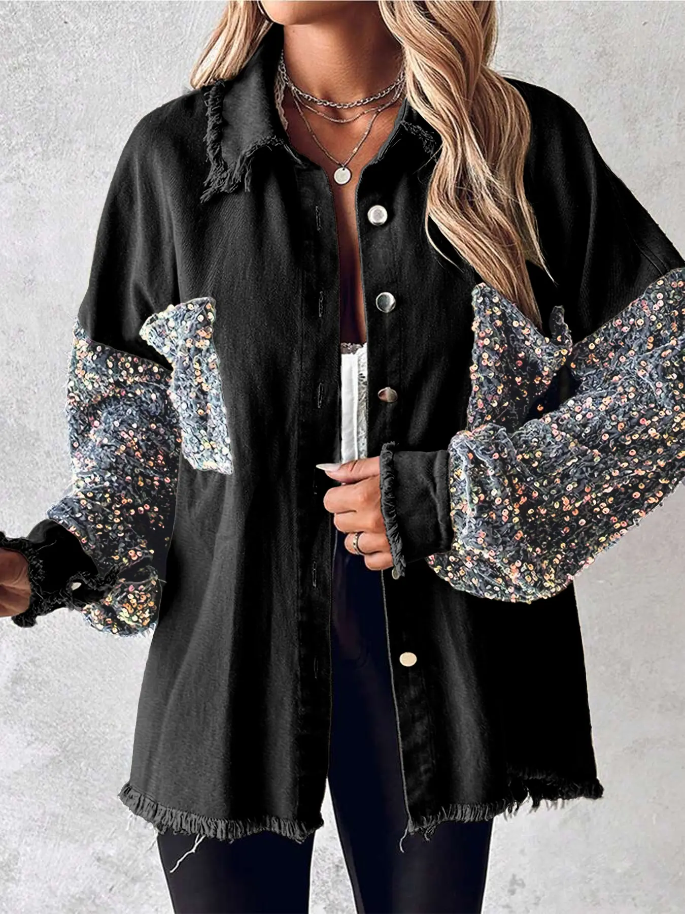 Women's Denim Patchwork Colorful Sequins Shirt Jacket Coats, Outerwear, Womenswear, Cool Personal Casual Style, Fringe Design, Loose, Long Sleeves, Aesthetic, for Daily Wear, Streetwear, Parties, Casual Collared Outerwear