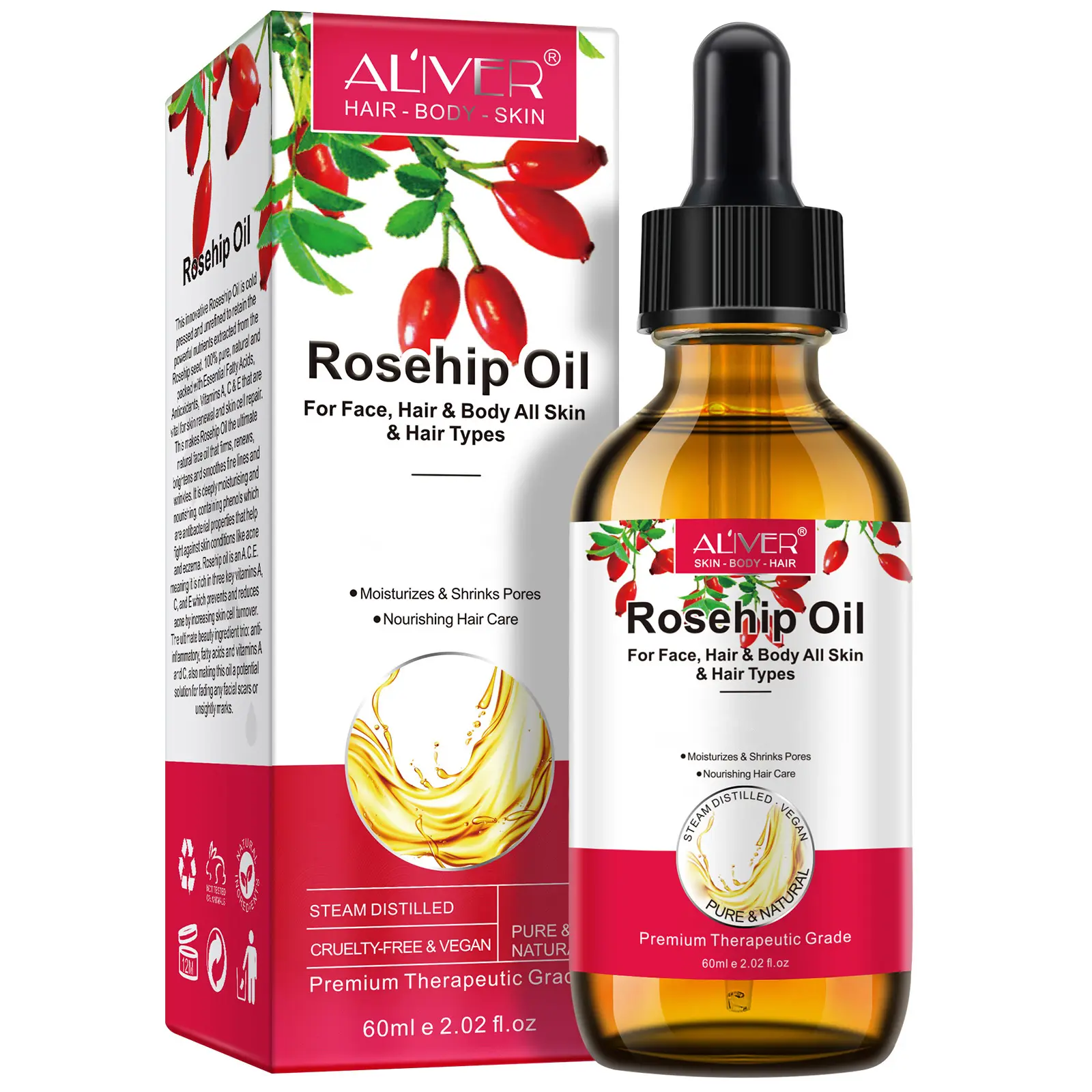 Aliver Rosehip Oil, Organic Rosehip Seed Oil, Cold Pressed Serums Skincare For Face, Hair, Nail Comfort Skin Repair Natural Moisturizer