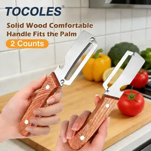 Wooden-Handled Vegetable & Fruit Peeler - Stainless Steel Blade with Built-In Bottle Opener, Ergonomic Kitchen Tool
