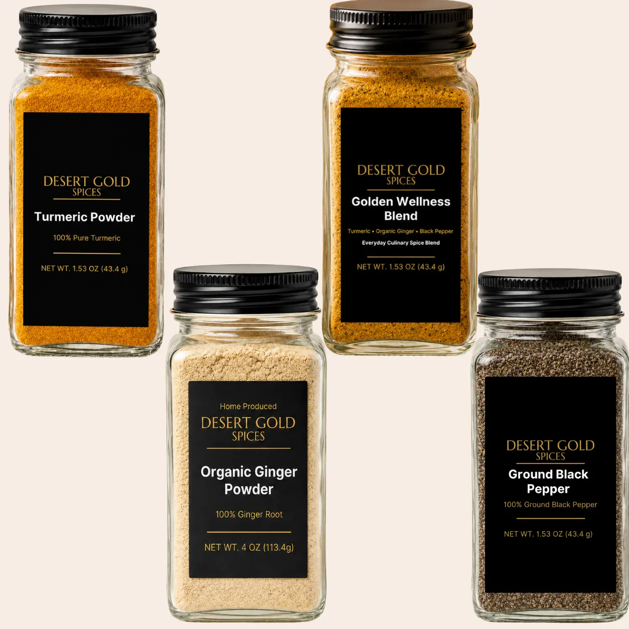 Desert Gold Spices 4-Pack Culinary Seasoning Bundle - Turmeric, Organic Ginger, Golden Blend, Black Pepper | 4 x 1.53 oz Pure Small-Batch Packed Spices & Seasoning Mixtures