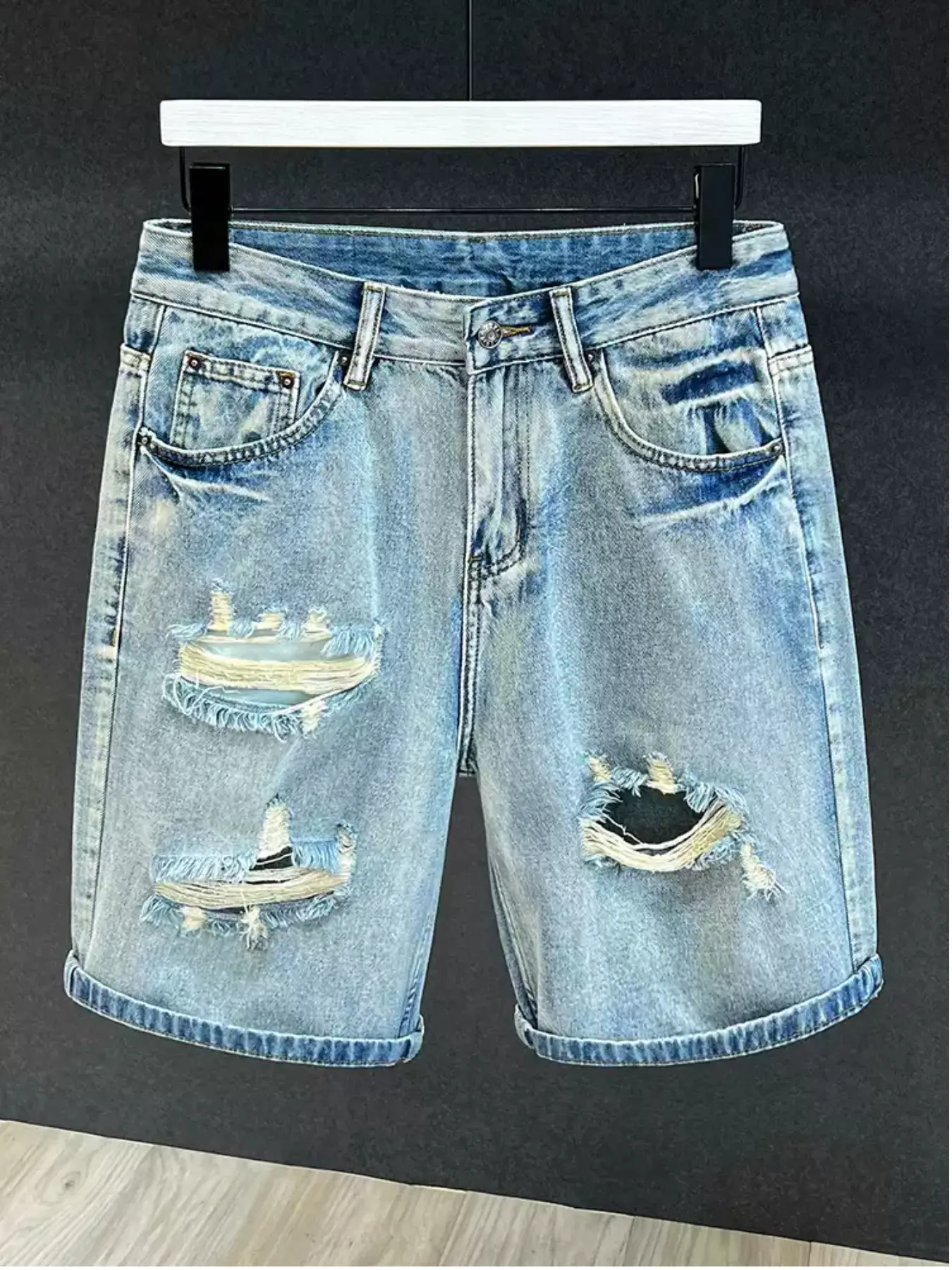 Men's fitted, distressed and ripped straight-leg jeans - street casual washed indigo blue denim shorts