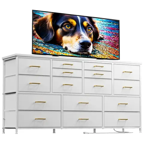 Raybee Furniture Dresser TV Stand with 13/16 Storage Drawers, 3 Power Outlets, Water-Resistant Top, Multifunctional Design for Living Room & Bedroom