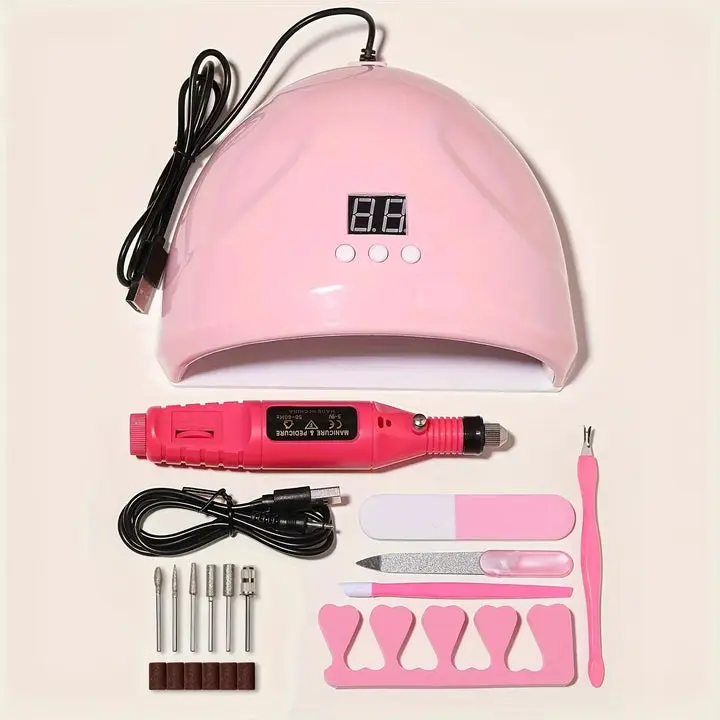 USB Electric Nail Drill, Polish, and File Kit with UV LED Gel Nail Dryer