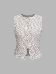 1 Piece Crew Neck Sleeveless Satin-Tone Knit Button Front Split Hem Crop Tank Top, Casual Minimalist Style, Fit Womenswear