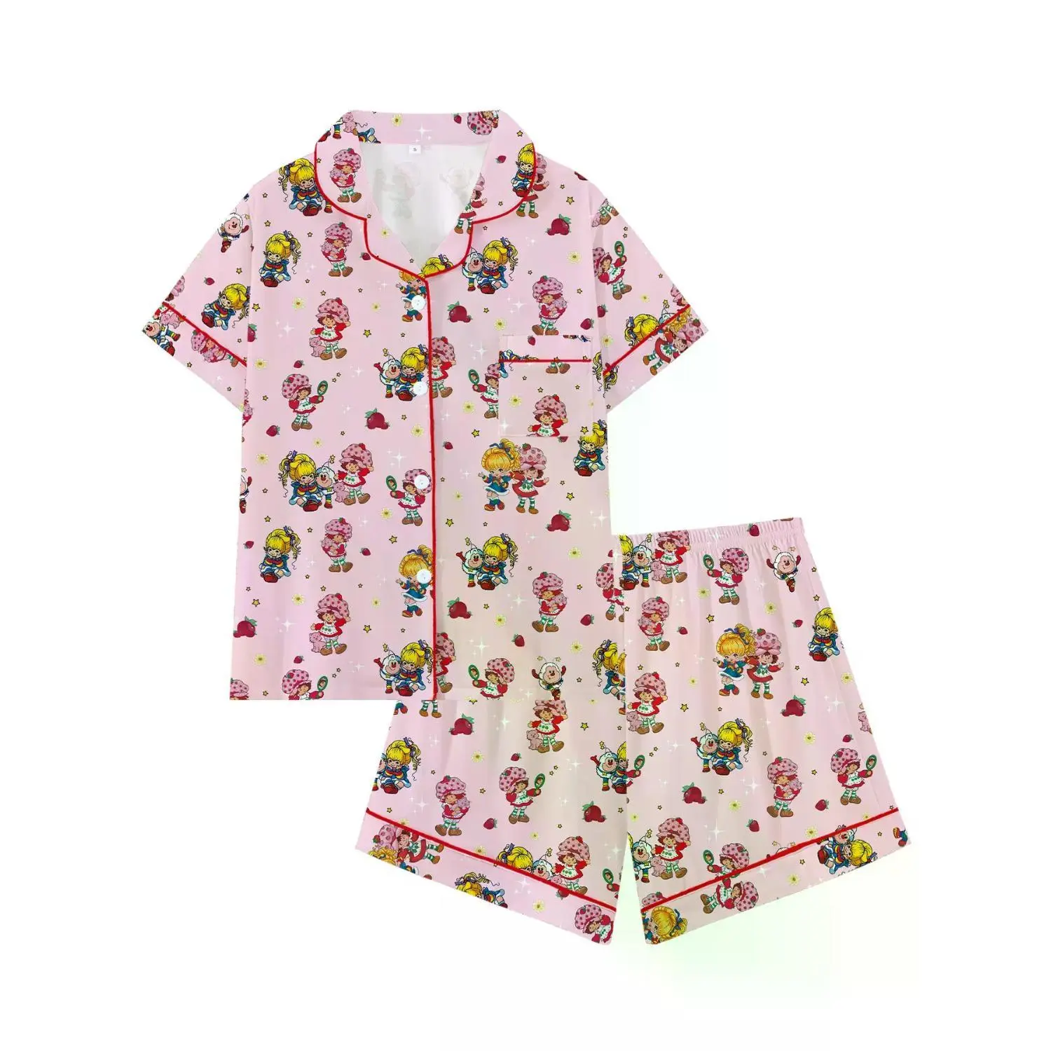 Rainbow Brite Cartoon Strawberry Girl Pajama Set, Cute Loose-Fitting Short Sleeve Sleepwear, Comfortable All-Season Loungewear, Ideal Gift