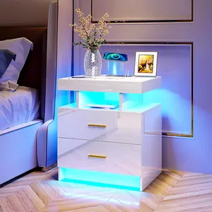 Smart LED Nightstand with Wireless Charging & USB Ports | 3-Color Auto-Sensing Lights, High Gloss Finish & Dual Storage Drawers – The Ultimate Modern Bedside Companion