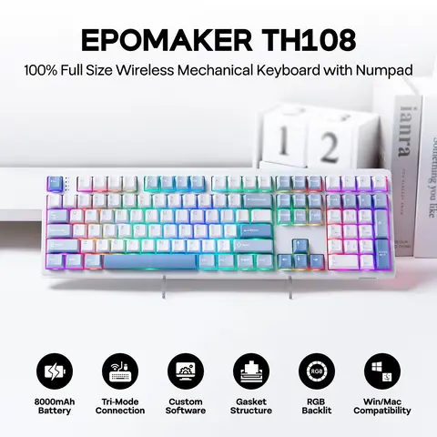 EPOMAKER TH108 Sea Salt Silent Creamy Keyboard - 100% Full Size 108-Key Hot Swappable ABS Plastic Mechanical Gasket, South-facing RGB Backlit, Tri-Mode Wireless (USB-C/BT 5.0/2.4GHz), 6/8/10.5° Tilt, Custom Driver Supported, for PC Gamers, Work