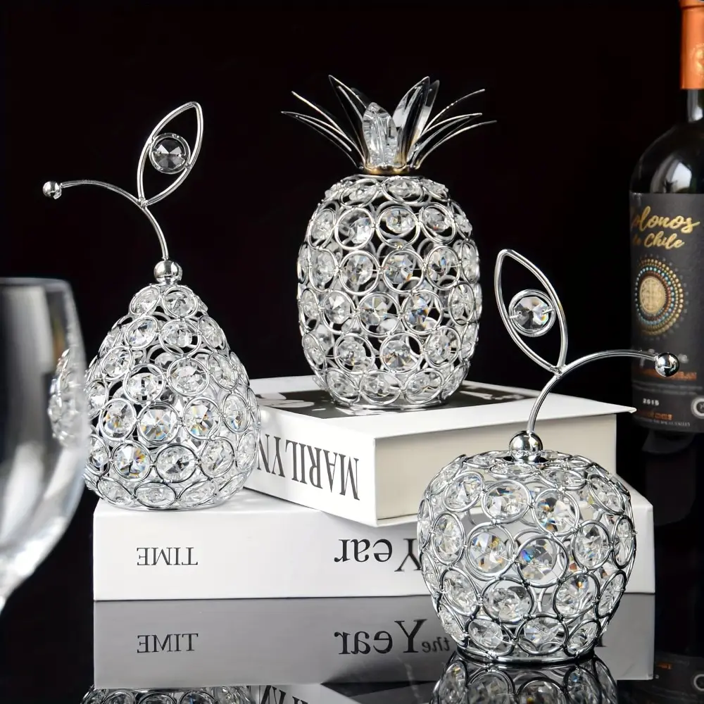 Silver 3-Piece Transparent Crystal Metal Hollow Fruit Ornament Set - Handcrafted Light Pineapple & Pear Decor, Candle-Holding Table Centerpieces for Wedding Gifts, Kitchen, Housewarming (Home & Festive Supplies), Mother's Day
