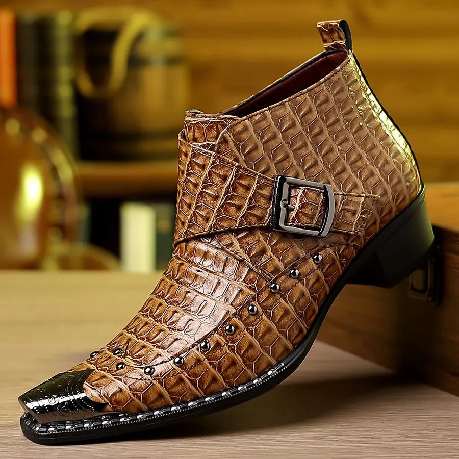 Retro Metal Pointed-Toe Ankle Boots Chunky Heel Buckle Chelsea Boots European & American Style Fashion Boots