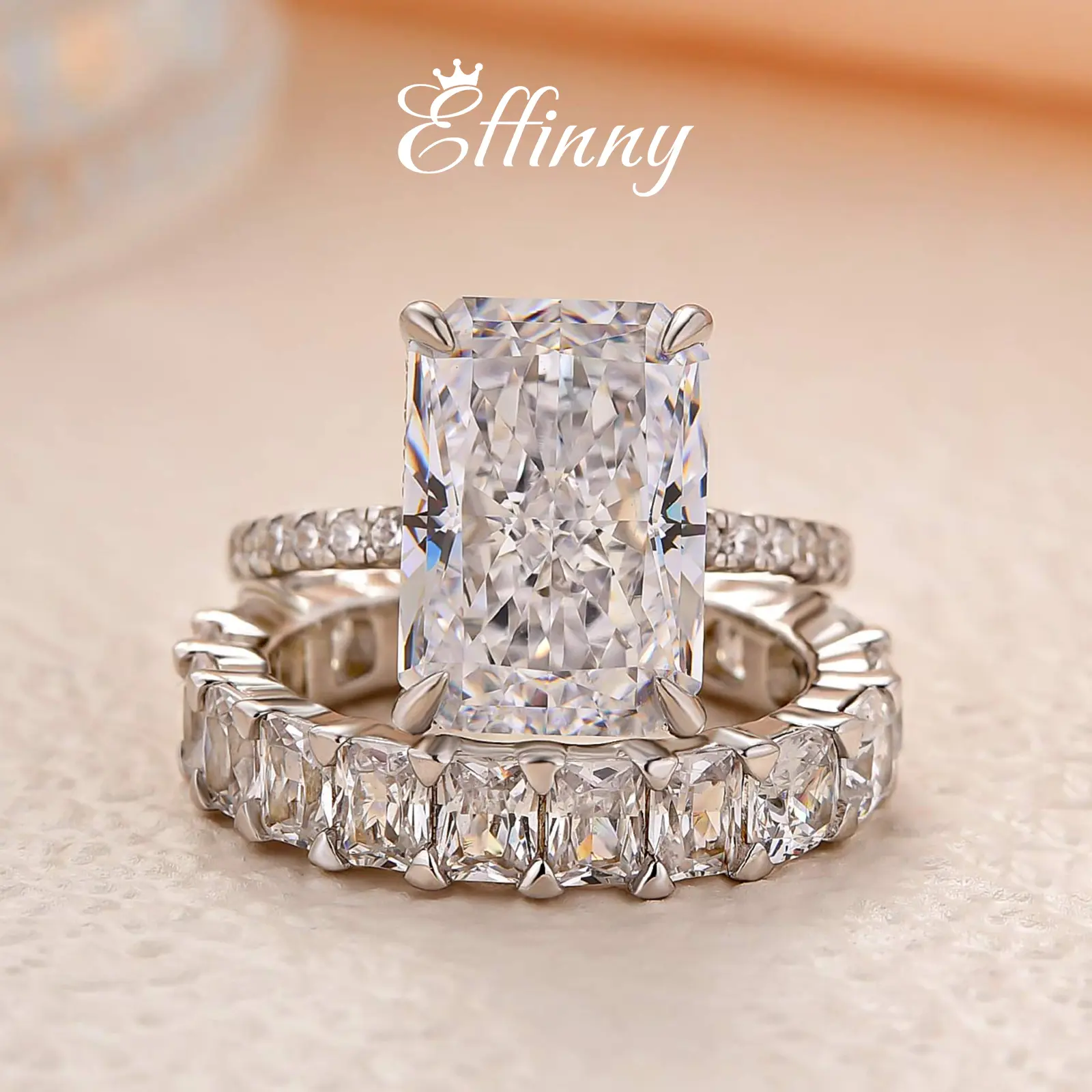 Effinny Jewelry 7.0ct Radiant Cut 2PC Wedding Ring Set, 925 Sterling Silver Promise Ring with Round&Cushion Wedding Band, 5A Cubic Zirconia Women's Ring Set for Wedding, Party, Travel, Wedding Ring Stack, Engagement Ring Set