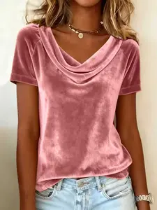 Velvet Cowl Drape Neck Short Sleeve Fitted T-Shirt Tops, Vintage Atmosphere, Slimming Versatile Underwear, Stylish Casual Wear for Women