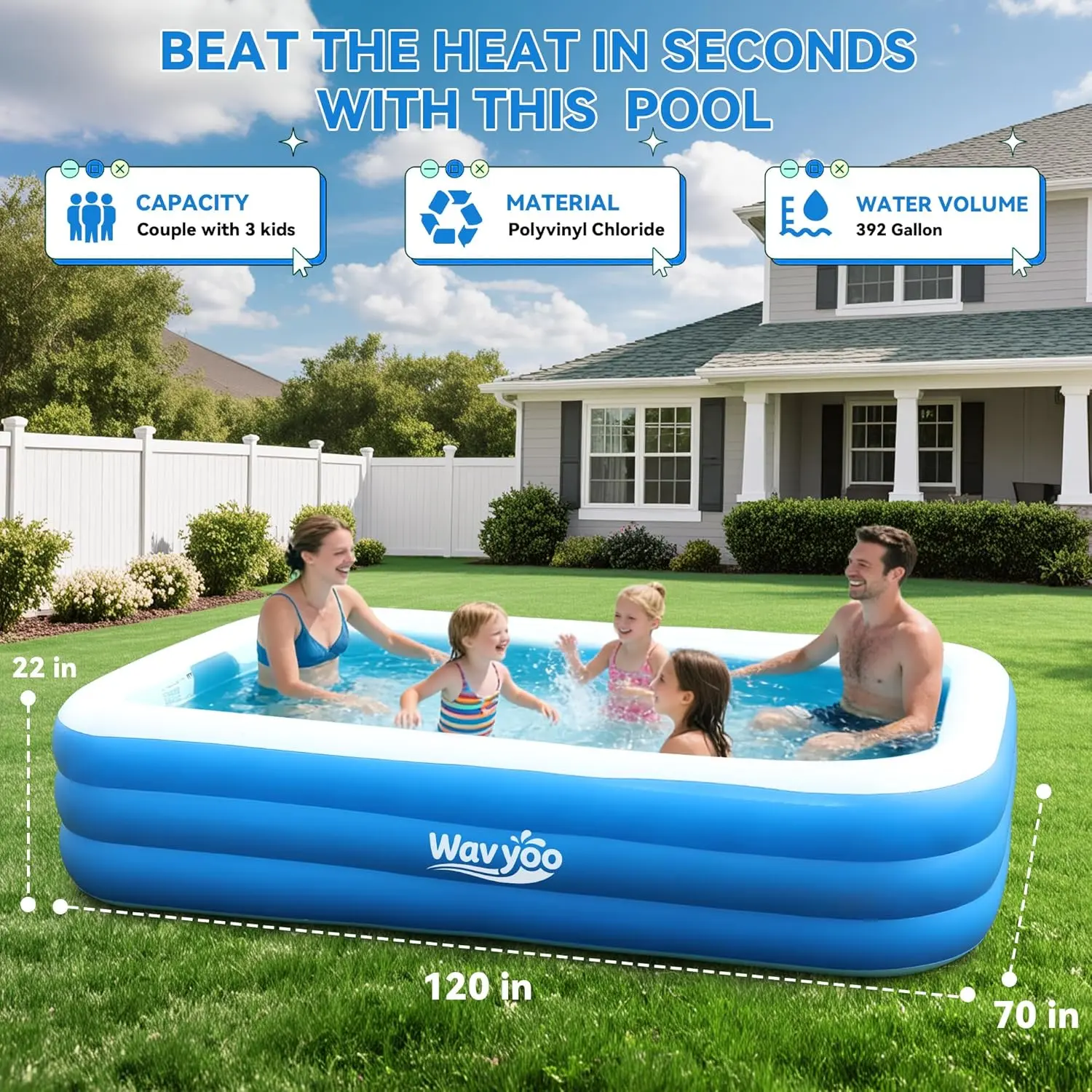 Large Inflatable Pool for Kids and Adults,10ft x 6ft Oversized Thickened Blow Up Pool for Kid and Adult, Durable Swimming Pool for Backyard, Outdoor, Garden, Summer Water Party (150"x70"x22"), Kiddie Inflatable Pool, Pools For Backyard