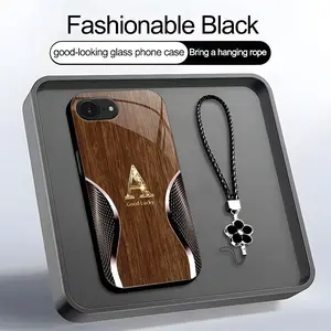 Wood Grain 26 lette & Carbon Fiber Art Glass phone Case, Suitable for [iPhone 16e] high-end women's, Lanyard a beautiful four-leaf clover lanyard is included🍀 952