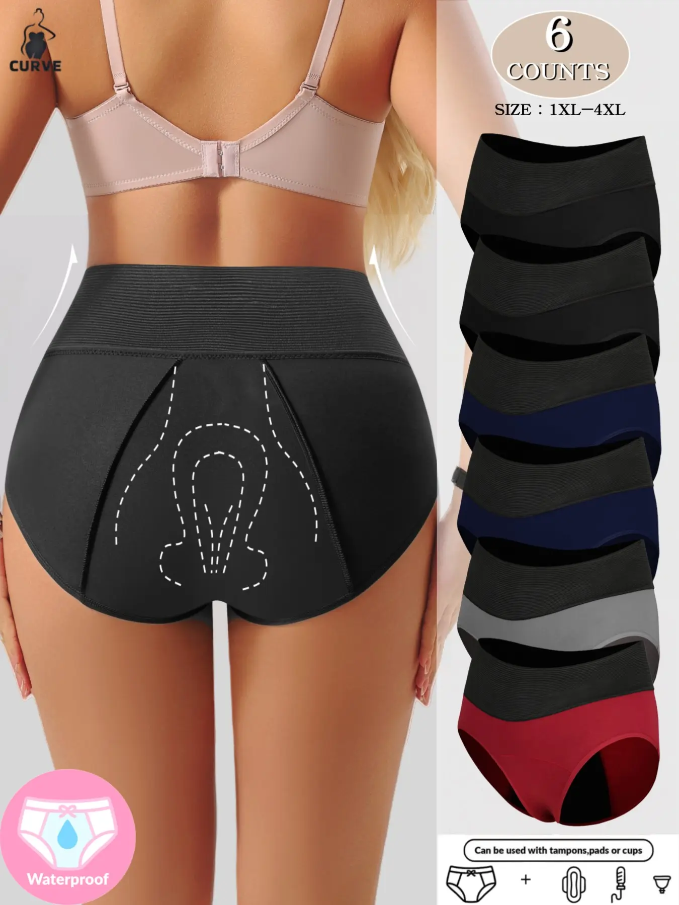1/3/4/5/6 Pack Plus Size Women's High-Waist Breathable Leak-Proof Period Underwear, Soft Comfortable Elastic Menstruation Panties, All Seasons