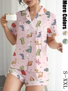 Halloween Ghost Print Women's Pajama Set, Cute Party Sleepwear, Short Sleeve Lapel Cardigan Top & Elastic Shorts, Casual Home Wear, Pyjamas, Loungewear, Pjs, Womenswear