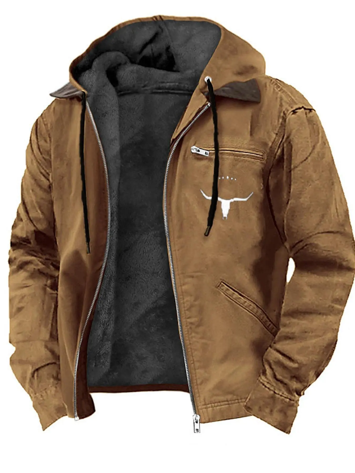 Autumn and winter new men's long sleeve jacket, men's coat with hood, fleece, bull head print jacket, solid color, warm men's casual jacket, streetwear jackets