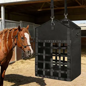 Horse Hay Bag Dual-Sided Feeding Slow Feeder, Suitable for Goats Sheep Donkeys, Large Top Opening with Velcro Seal, Adjustable Strap Easy to Hang