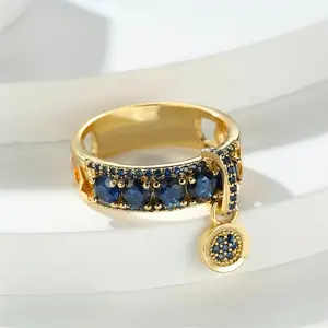 Female HENSY Vintage Blue CZ Ring - Gold-Tone with Buckle and Charm - Wide Band Stackable - Y2K Retro Statement Costume Jewelry - Sizes 5-12