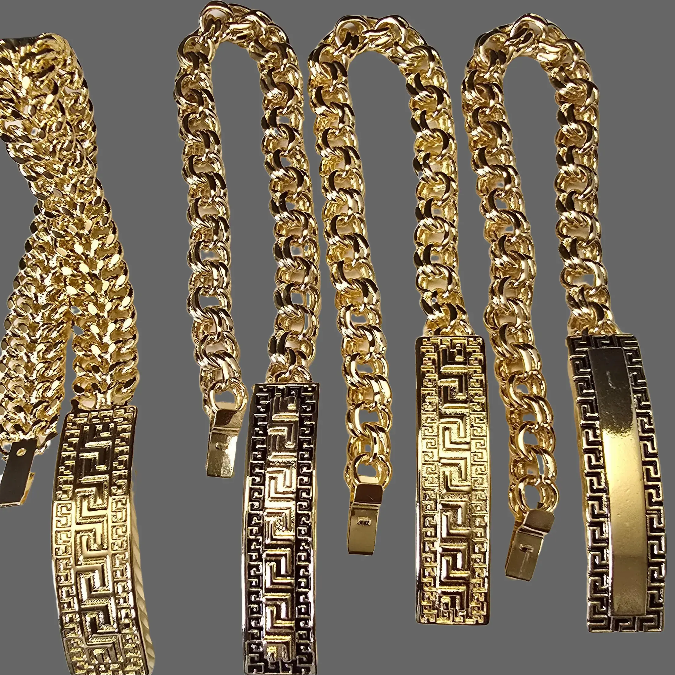 Men's Double Row Chino Link Bracelet with Greek Key Design, 8-Inch Gold-Tone Curb Style Fashion Jewelry with Discreet Sliding Clasp