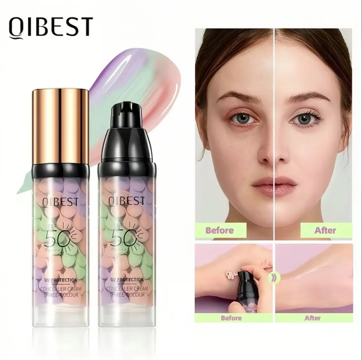 Three-Color Protective Primer, Even Skin Tone, Makeup Base, Flawless Makeup, Concealer Cream, Moisturizing Brightening, Hydrating, Natural Nude Finish