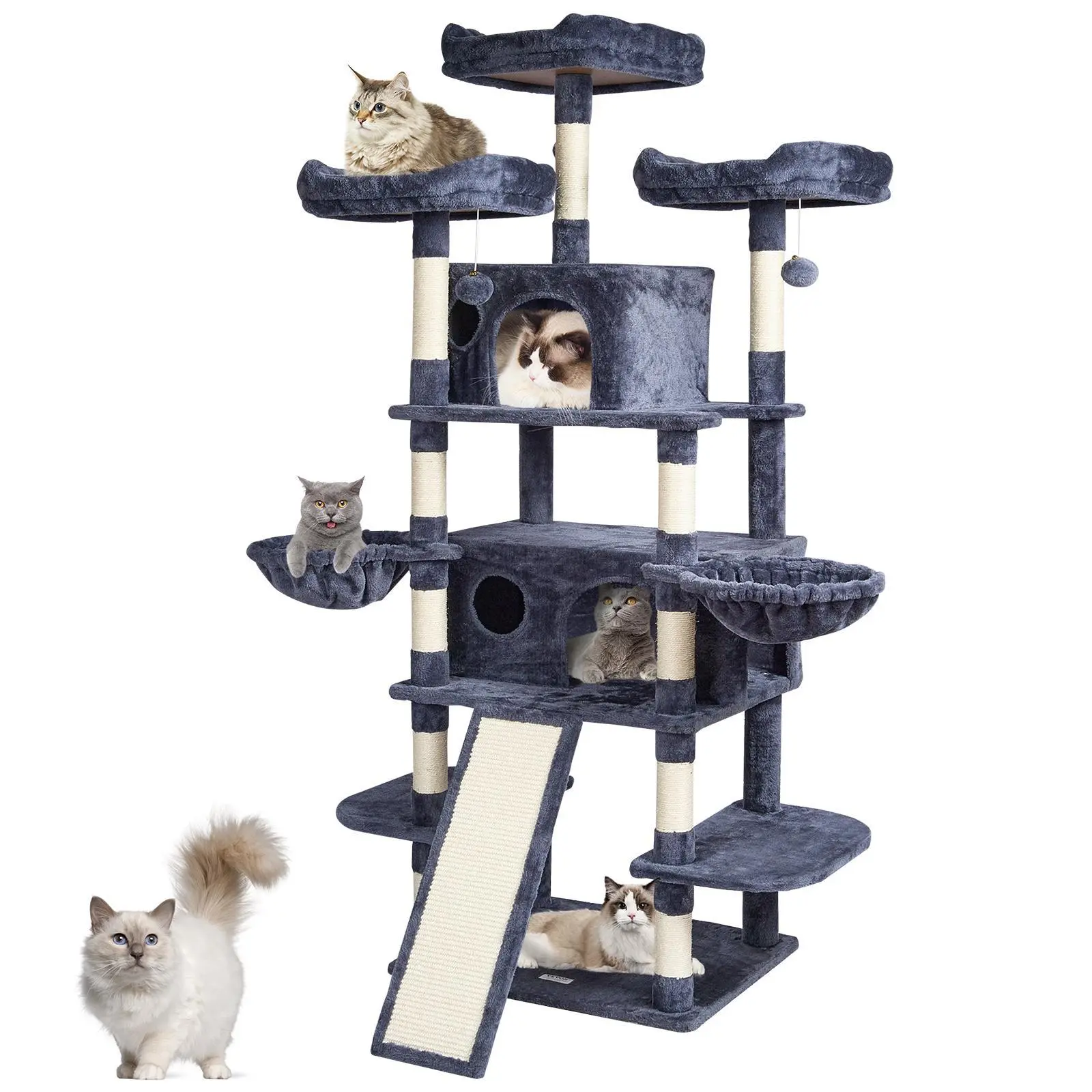 【SummerFinds】VEVOR Cat Tree for Indoor Cats,  , 68.5" Cat Tower with 2 Cat Condos, Sisal Scratching Post, Hammocks, Top Perches, Jumping Platforms and Ramp, Cat Furniture Activity Center with Hang Balls, Dark Grey