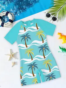 Boys' one-piece swimsuit "New Summer Style for Island Vacation" with light blue raglan sleeves + full coconut tree print, skin-friendly and sun-protective, providing a full sense of security for playing in the beach water / swimming pool training~