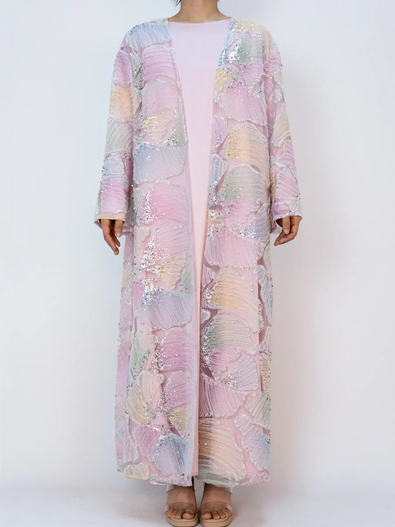 Women's 2-Piece Princess Style Luxurious Multicolor Beaded Set (open front abaya + Inner Dress), Elegant Islamic Clothing, Islamic Modesty Clothes, Perfect for Parties and Special Occasions