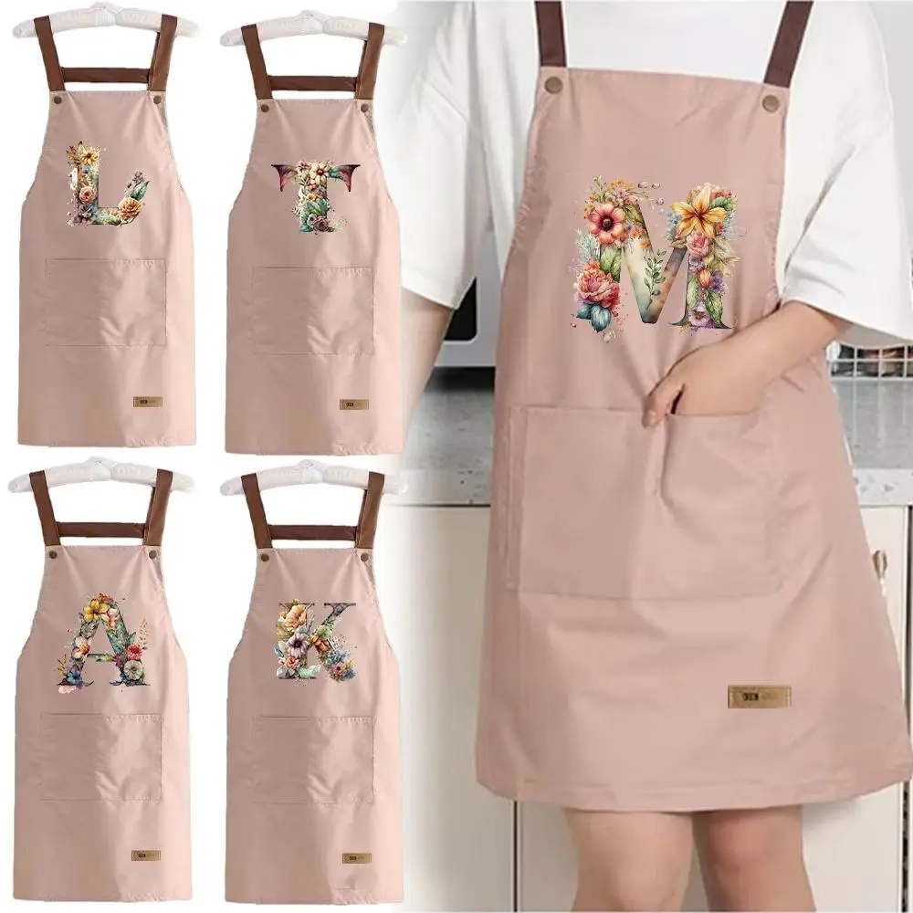 Letter Pattern Floral Print Apron, 1 Count Adjustable Waterproof Strap Apron with 2 Pockets, Household Items Professional Kitchen Apron for Cooking, Gardening, Painting, Baking, Flower, Pocketed Aprons