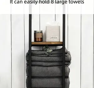 Modern Bathroom Towel Storage Rack - Large Capacity Open Design for 5-6 Towels, Sturdy Metal & Wood Frame, Non-Slip Pads, Tool-Free Assembly, Versatile for Bathroom, Bedroom, Balcony