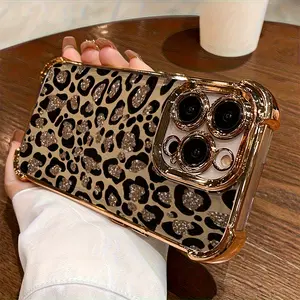 Luxury high-end shiny brown leopard print four-corner anti-shock phone case, suitable for iPhone 17/16/15/14/13/12/11 ProMax/Pro/Plus