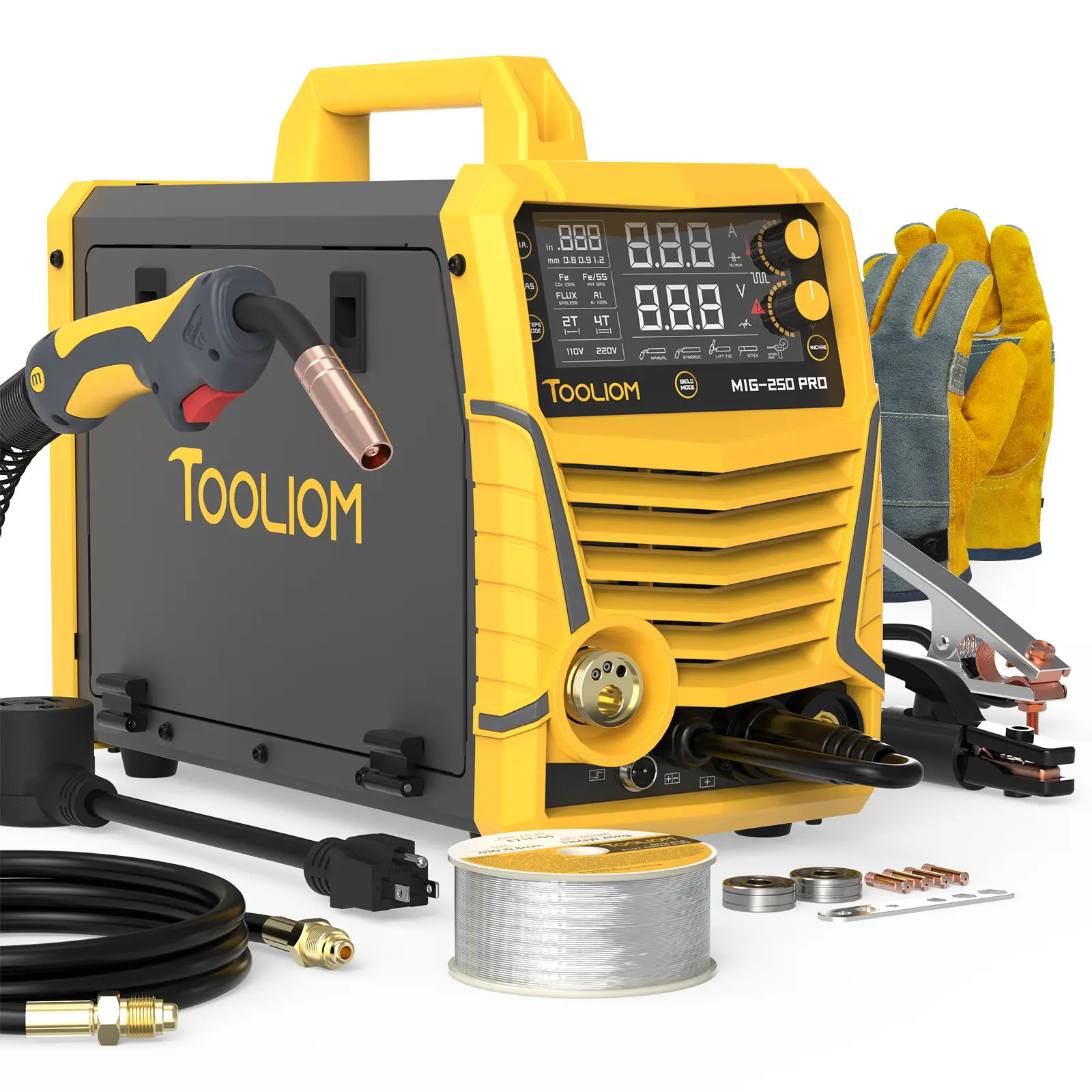 TOOLIOM MIG-250-PRO 250A Aluminum MIG Welder with Pulse | 110V/220V Dual Volts 6-In-1 Multifunctional Welding Machine | Gas/Flux MIG/Lift TIG/Stick/Spool Gun with LCD Digital Display
