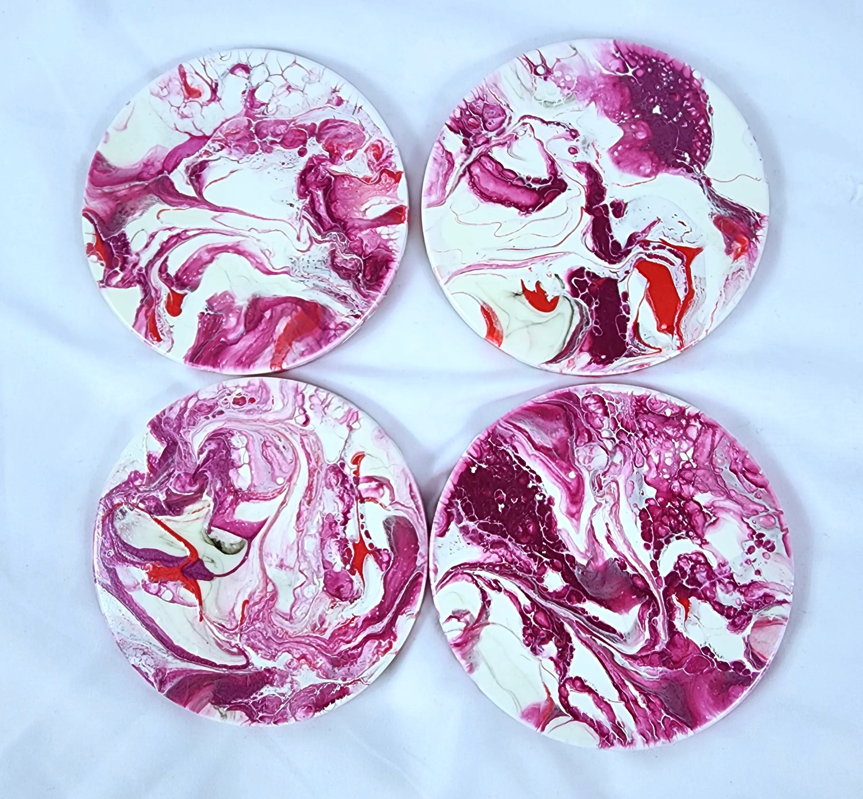 Hand Crafted Circular Ceramic Coasters for Beverages, Cups - Cork Base for Mugs, Cups, Office, Kitchen, Home Decor, Cork Base Set of 4 (Circle Shaped 3.75” circumference x .25”) (Raseberry Swirl)