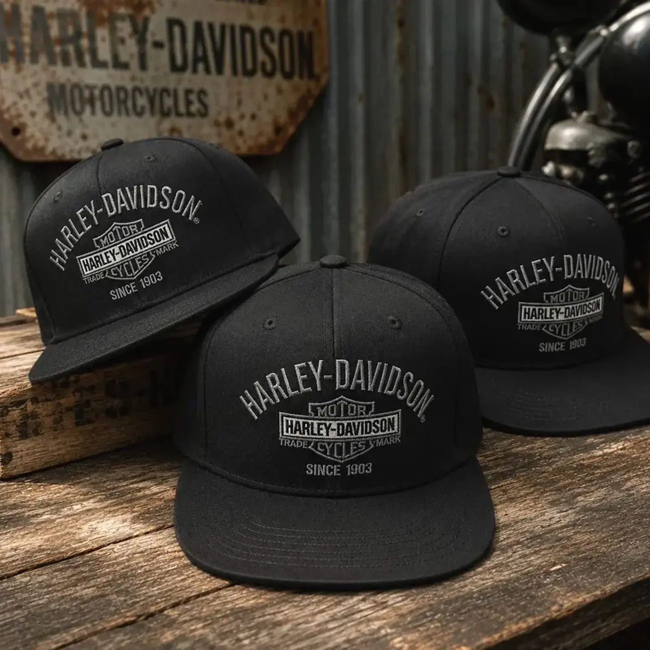 Harley-Davidson Black Embroidered Snapback Hat, Structured Flat Bill Motorcycle Baseball Cap, Adjustable Biker Streetwear Hat for Men and Women and Adjustable Fit for Men and Women