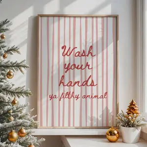 Funny Wash Your Hands Ya Filthy Animal Christmas Print, Striped Holiday Wall Art, Humorous Toilet Poster for Festive Bathroom Decor