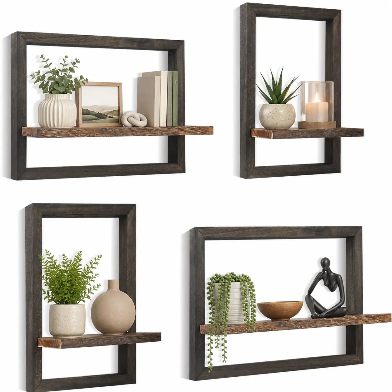 Rustic Floating Wall Shelves, Wood Wall Mounted Display Shelves with Black Frame, Farmhouse Decor Shelves for Living Room, Bedroom, Bathroom, Kitchen and Home Office