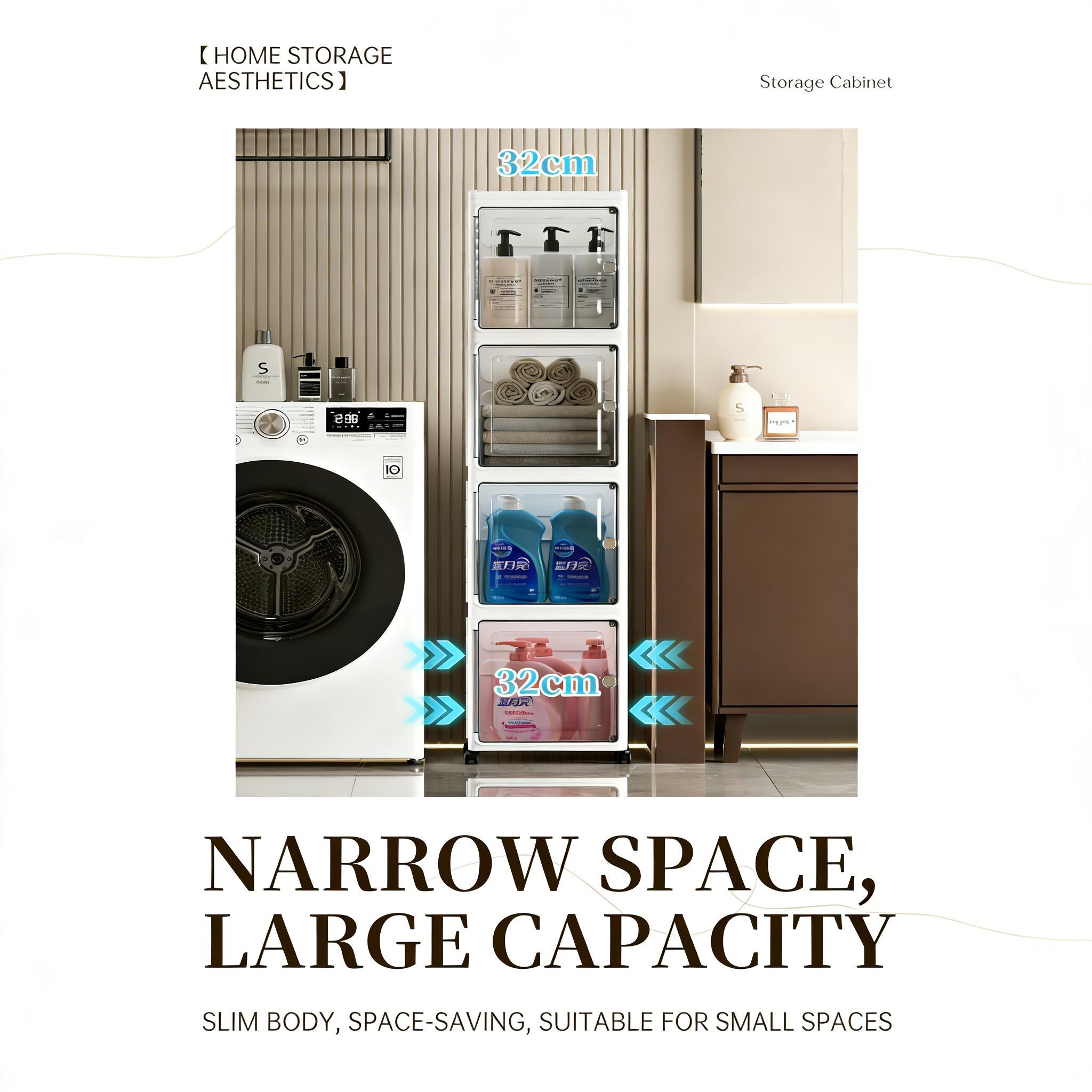 Mobile Foldable Dustproof Storage Cabinet Universal Wheels Magnetic Door Multilayer Slim Narrow Gap Storage Box Kitchen Bedroom Bathroom Side Home Organizer