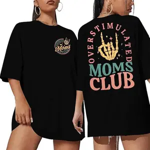 Women's Oversized Cotton T-Shirt with "Overstimulated Moms Club" Graphic, Soft Seamless Casual Short Sleeve Top, Tshirt, Fitted