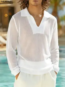 INCERUN Men's Fashion Hollow Out Patchwork Plaid Long Sleeve Shirt, Stylish Casual Wear, Comfortable and Trendy Design, Perfect for Daily Use